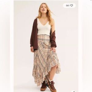 Free People One Gabrielle Pink Plaid Maxi Asymmetrical Ruffle Skirt